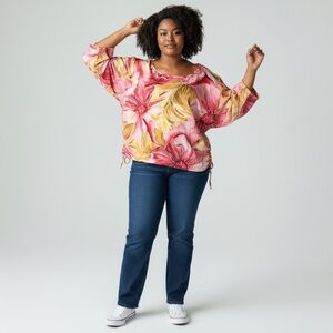 Y2K Jamaica Bay Floral Scoop Neck Top Ruched Sides Pink 1X